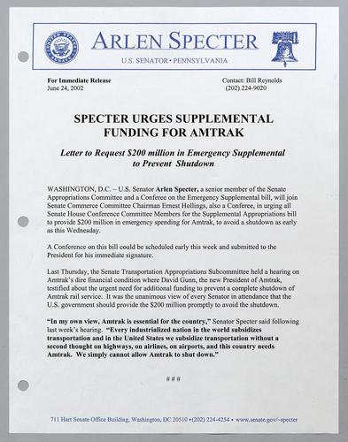 Specter urges supplemental funding for Amtrak