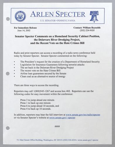Senator Specter comments on a Homeland Security cabinet position, the Delaware River dredging project, and the recent vote on the hate crimes bill