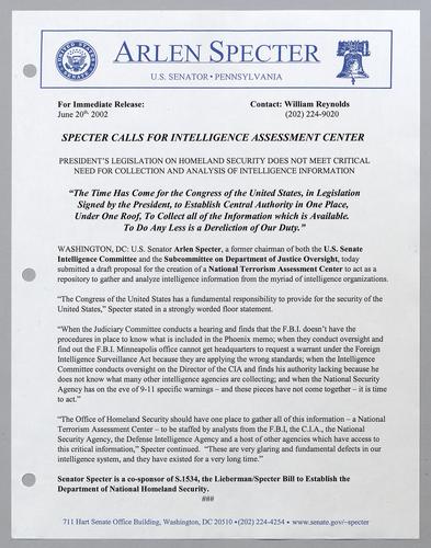 Specter calls for intelligence assessment center