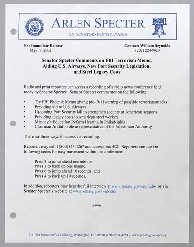 Senator Specter comments on FBI terrorism memo, aiding U.S. Airways, new port security legislation, and steel legacy costs