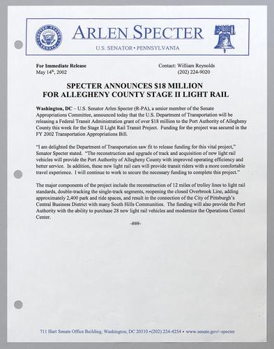 Specter announces $18 million for Allegheny County stage II light rail