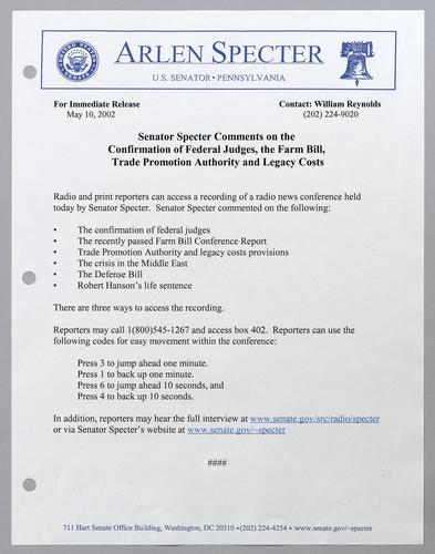 Senator Specter comments on the confirmation of federal judges, the farm bill, trade promotion authority, and legacy costs