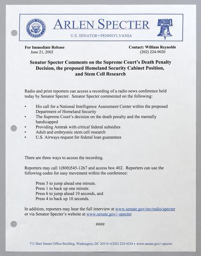 Senator Specter comments on the Supreme Court's death penalty decision, the proposed Homeland Security cabinet position, and stem cell research