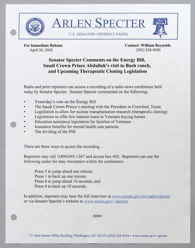 Senator Specter comments on the energy bill, Saudi Crown Prince Abdullah's visit to Bush ranch, and upcoming therapeutic cloning legislation