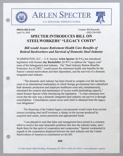Specter introduces bill on steel workers' "legacy costs,"
