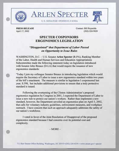 Specter cosponsors ergonomics legislation