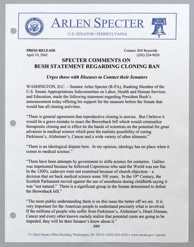 Specter comments on Bush statement regarding cloning ban
