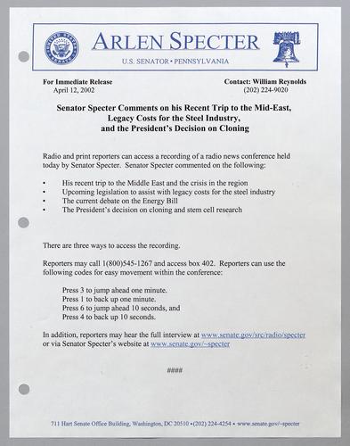 Senator Specter comments on his recent trip to the Middle East, legacy costs for the steel industry, and the President's decision on cloning