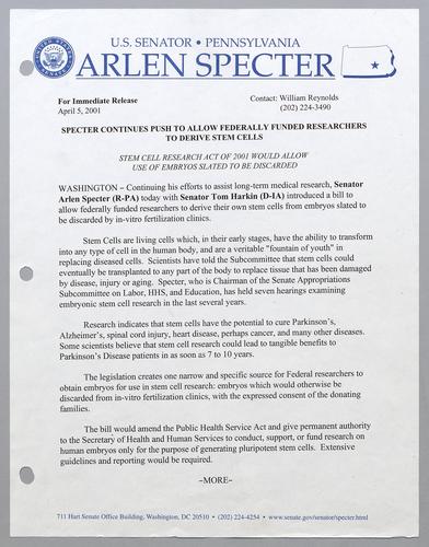 Specter continues push to allow federally funded researchers to derive stem cells