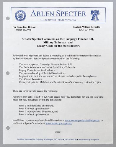 Senator Specter comments on the campaign finance bill, military tribunals, and legacy costs for the steel industry