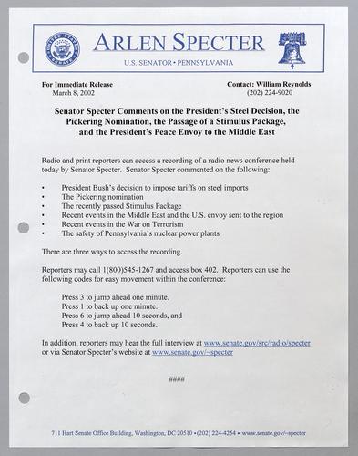 Senator Specter comments on the President's steel decision, the Pickering nomination, the passage of a stimulus package, and the President's peace envoy to the Middle East