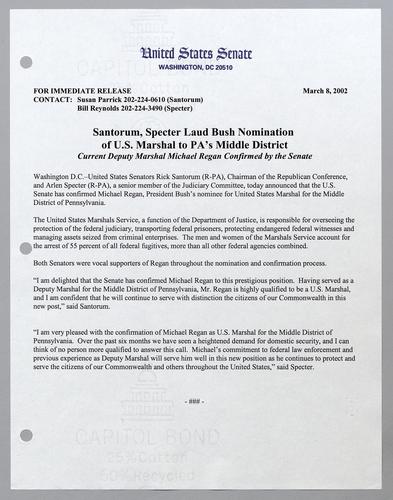 Santorum, Specter laud Bush nomination of U.S. Marshal to Pennsylvania's middle district