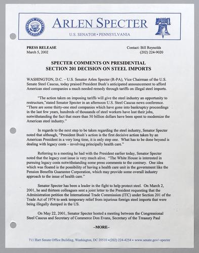 Specter comments on Presidential section 201 decision on steel imports