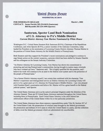 Santorum, Specter laud President Bush nomination of U.S. Attorney to Pennsylvania's middle district