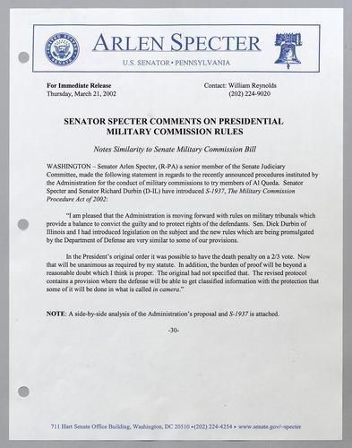 Senator Specter comments on Presidential military commission rules