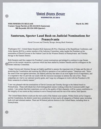 Santorum, Specter laud Bush on judicial nominations for Pennsylvania
