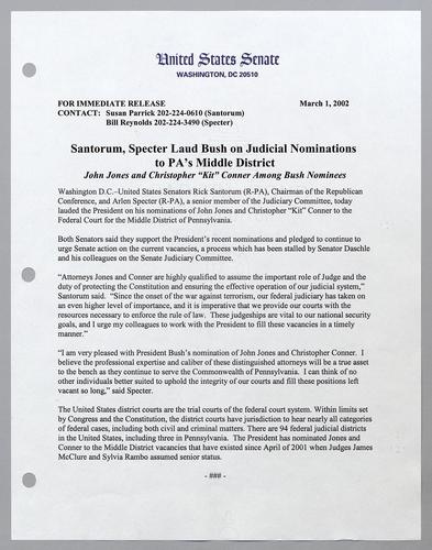 Santorum, Specter laud Bush on judicial nominations to Pennsylvania's middle district