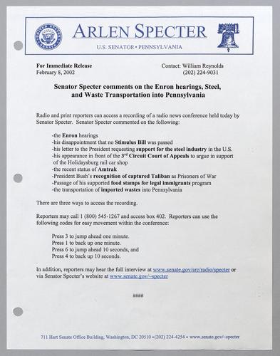 Senator Specter comments on the Enron hearings, steel, and waste transportation into Pennsylvania