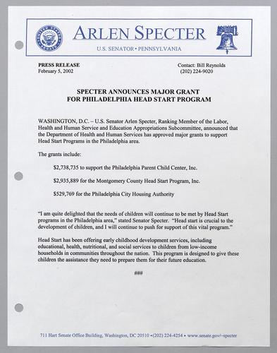 Specter announces major grant for Philadelphia Head Start program