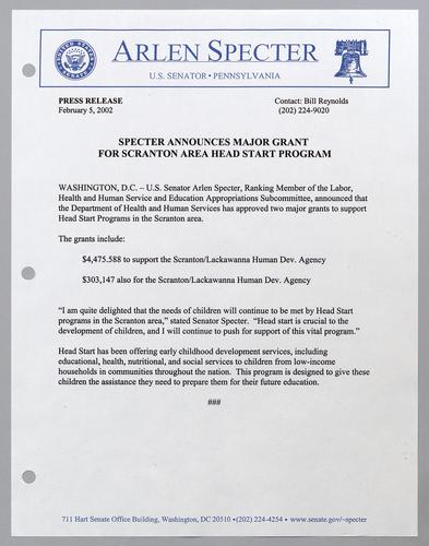 Specter announces major grant for Scranton area Head Start program