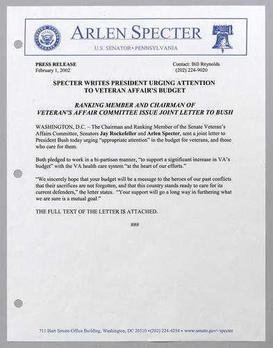 Specter writes to President urging attention to veteran affair's budget
