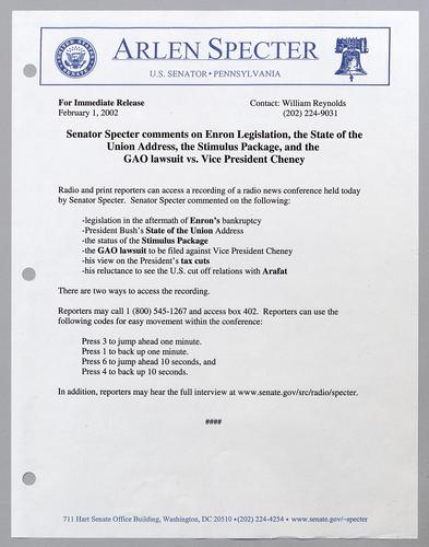 Senator Specter comments on Enron legislation, the State of the Union Address, the stimulus package, and the GAO lawsuit vs. Vice President Cheney