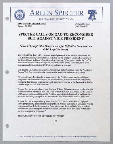 Specter calls on GAO to reconsider suit against Vice President
