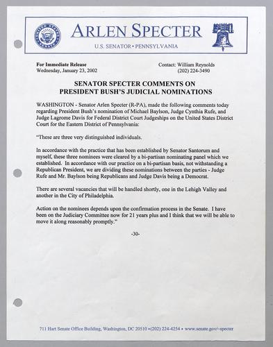 Senator Specter comments on President Bush's judicial nominations