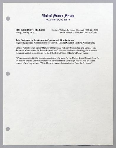 Joint statement by Senators Arlen Specter and Rick Santorum regarding judicial appointments for the U.S. District Court of eastern Pennsylvania