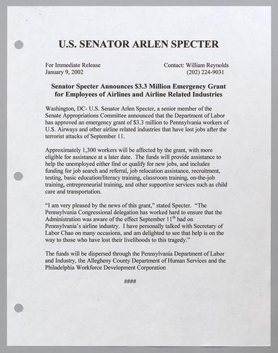 Senator Specter announces $3.3 million emergency grant for employees of airlines and airline related industries