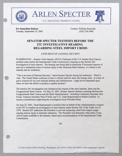 Senator Specter testifies before the ITC investigative hearing regarding steel import crisis