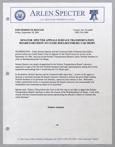 Senator Specter appeals surface transportation board's decision to close Hollidaysburg car shops