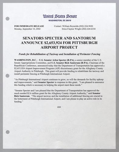 Senators Specter and Santorum announce $2,653,924 for Pittsburgh airport project