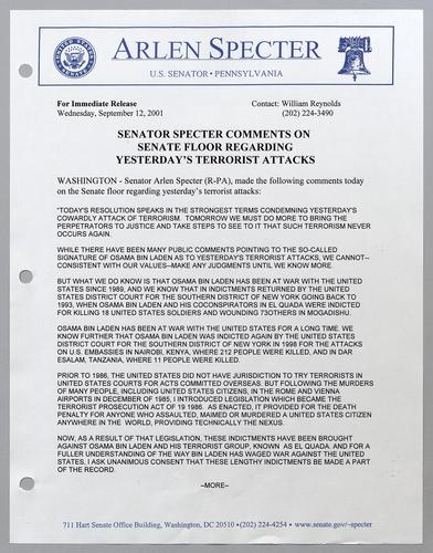 Senator Specter comments on Senate floor regarding yesterday's terrorist attacks