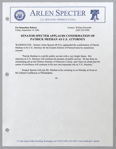 Senator Specter applauds confirmation of Patrick Meehan as U.S. Attorney