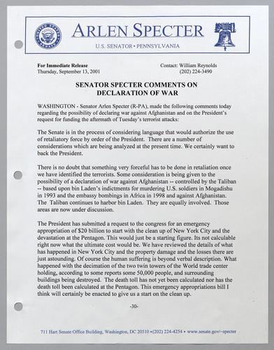 Senator Specter comments on declaration of war
