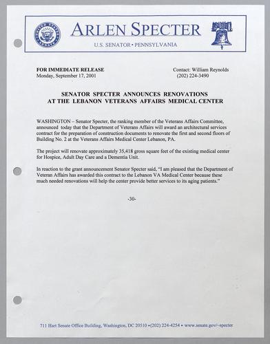 Senator Specter announces renovations at the Lebanon Veterans Affairs Medical Center