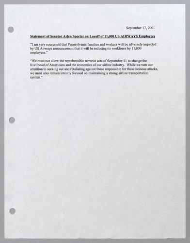 Statement of Senator Arlen Specter on layoff of 11000 U.S. Airways employees