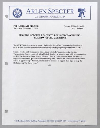 Senator Specter reacts to decision concerning Hollidaysburg car shops