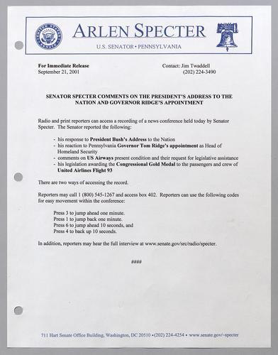 Senator Specter comments on the President's address to the nation and Governor Ridge's appointment