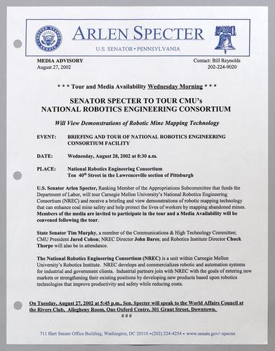 Senator Specter to tour Carnegie Mellon University's national robotics and engineering consortium