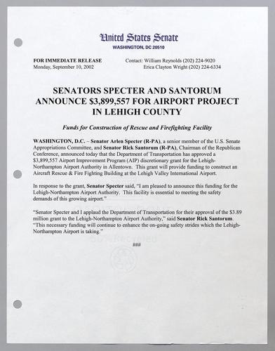 Senators Specter and Santorum announce $3,899,557 for airport project in Lehigh County