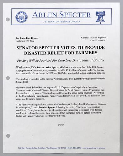 Senator Specter votes to provide disaster relief for farmers