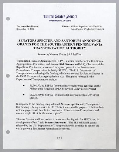 Senators Specter and Santorum announce grants for the southeastern Pennsylvania transportation authority