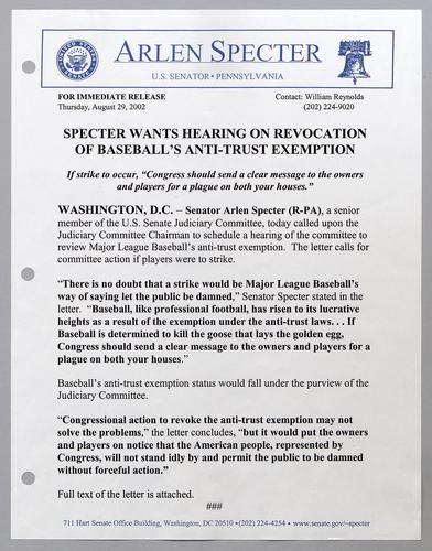 Specter wants hearing on revocation of baseball's anti-trust exemption