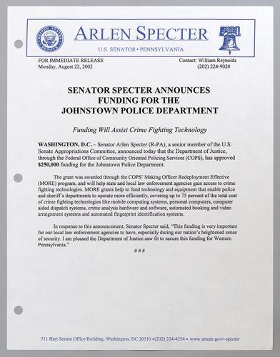 Senator Specter announces funding for the Johnstown police department