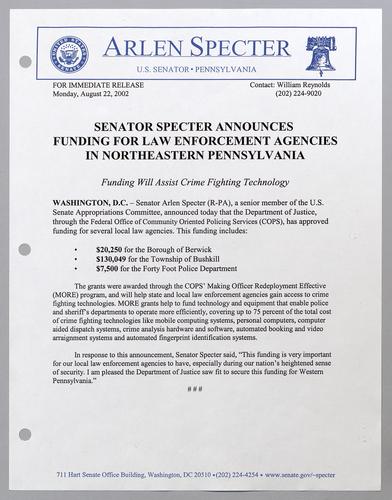 Senator Specter announces funding for law enforcement agencies in northeastern Pennsylvania