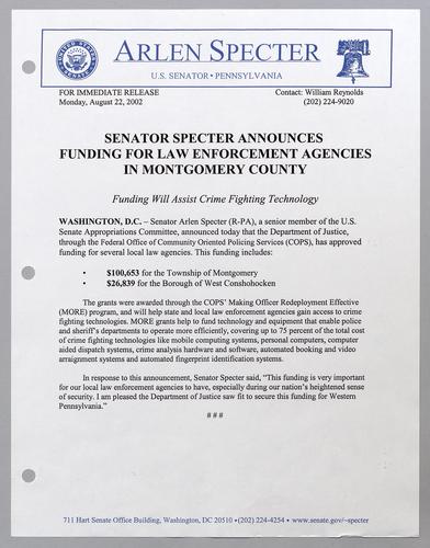 Senator Specter announces funding for law enforcement agencies in Montgomery County