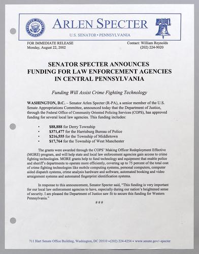 Senator Specter announces funding for law enforcement agencies in central Pennsylvania