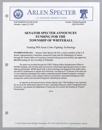 Senator Specter announces funding for the township of Whitehall